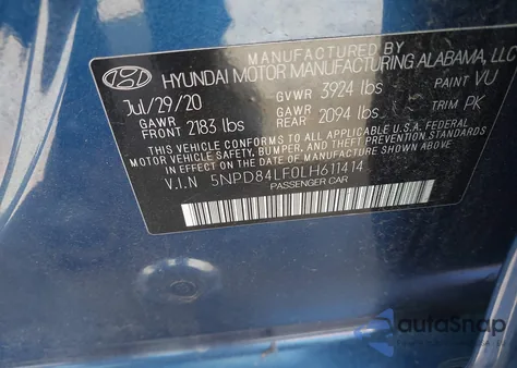 2020 Hyundai Elantra Sel from USA, damaged, VIN 5NPD84LF0LH611414